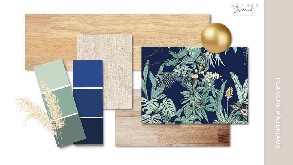 Planche matériaux tête de lit en bois sur mesure papier peint panoramique bleu nuit vert détails laiton