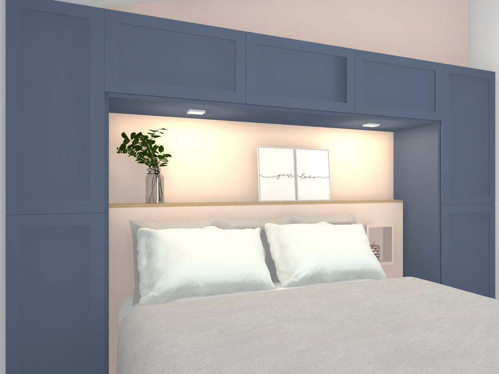 Chambre parentale tête de lit rose tendre et bleu, dressing sous pente, agence Sophie B décoration architecture intérieure