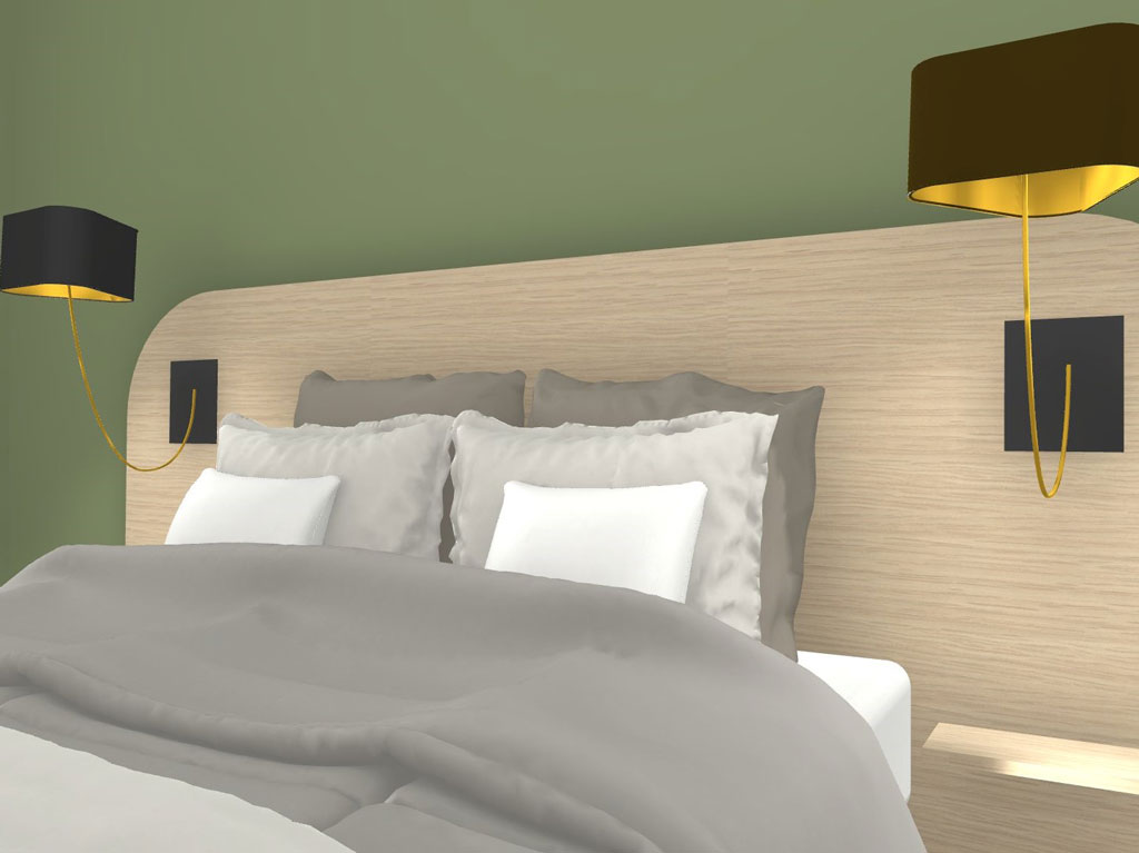 Tête de lit sur mesure en chêne avec applique murale noir et laiton