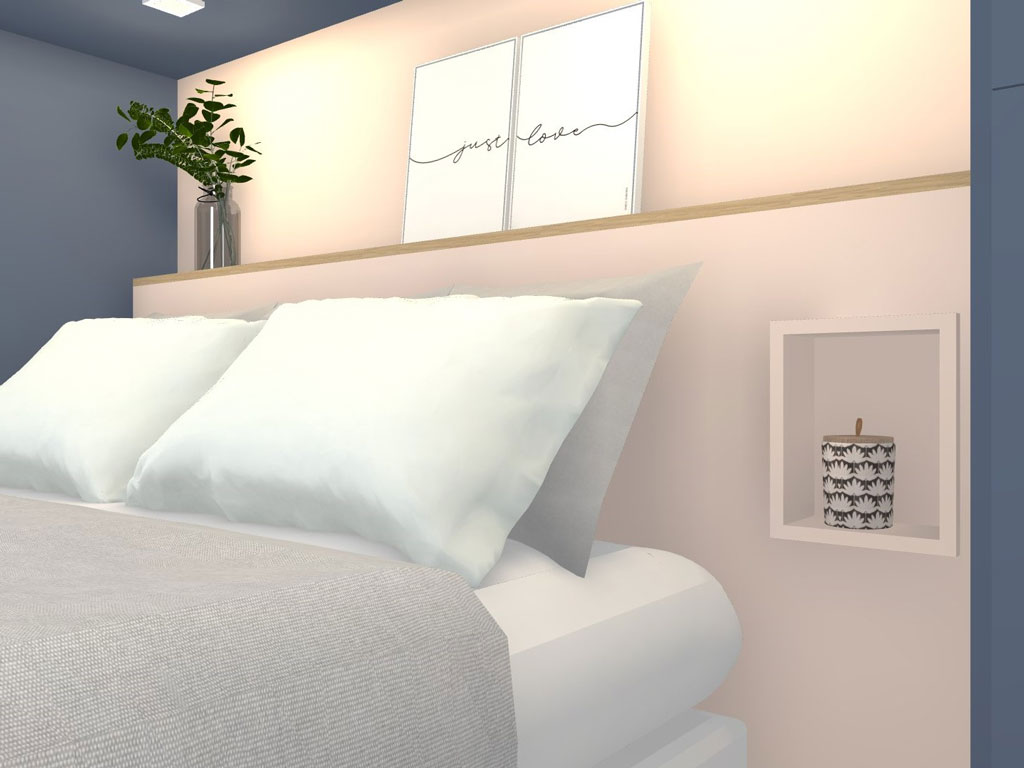 Chambre parentale tête de lit rose tendre et bleu, dressing sous pente, agence Sophie B décoration architecture intérieure